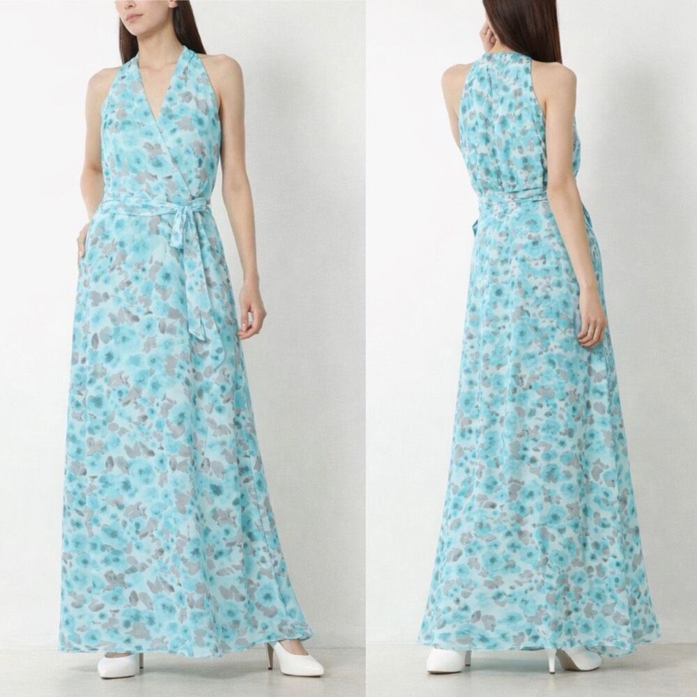 Chetta B Halter Maxi Dress Blue Gray Floral Size 6